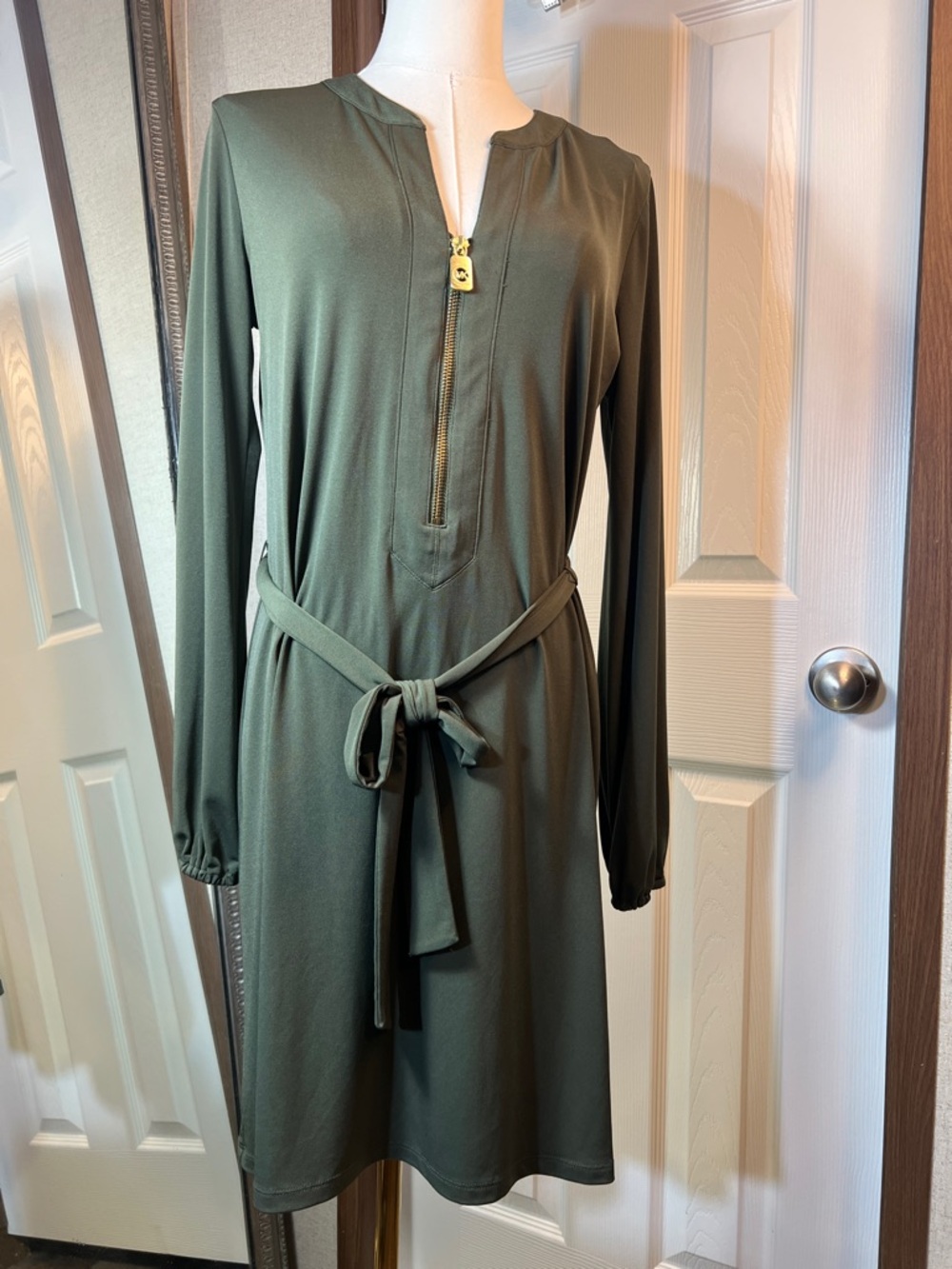 Michael Kors Olive Green Long Sleeve Zip Belted Dress